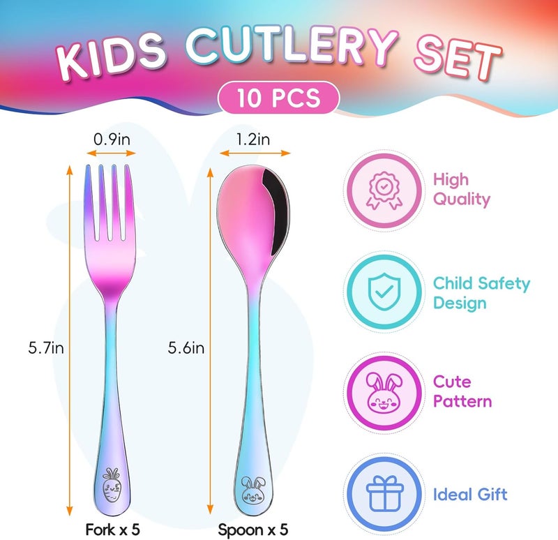 ITITT 10 Pieces Stainless Steel Rainbow Toddler Utensils Set - Food Grade Kids Silverware Set Children Safe Small Forks and Spoons Mirror Polished Sturdy and Durable Dishwasher Safe - Image 2